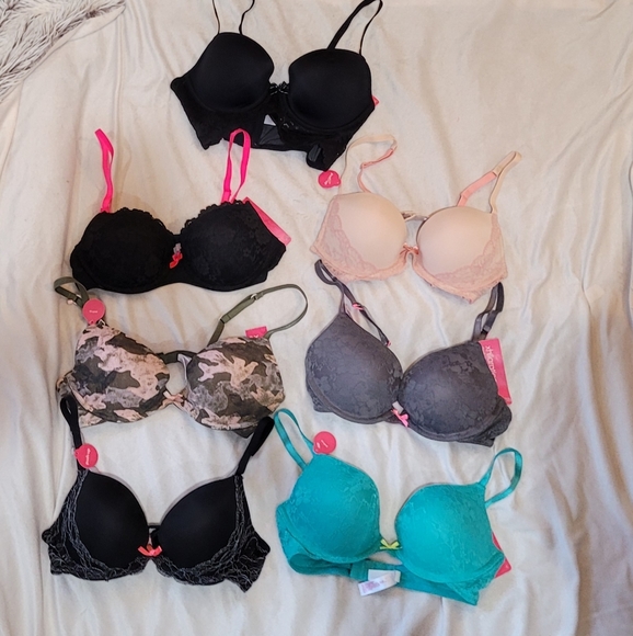 New 7 Piece 34B Bra Bundle Push Up Etc Black Lace Turquoise Camo Hot Pink Nude - Picture 2 of 12